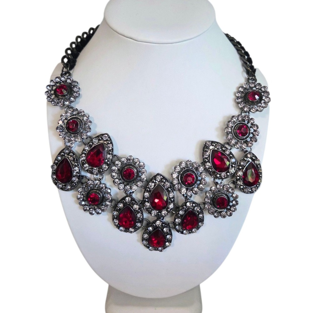 Silver Tone Red Ruby Clear Rhinestones Bib‎ Statement Necklace Double Strand